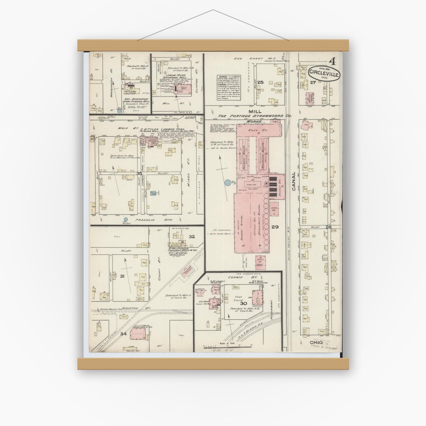 Old map wall art mockup — magnetic wood frame on white wall — Sanborn Fire Insurance Map from Circleville, Pickaway County, Ohio (1884), Sheet #0004