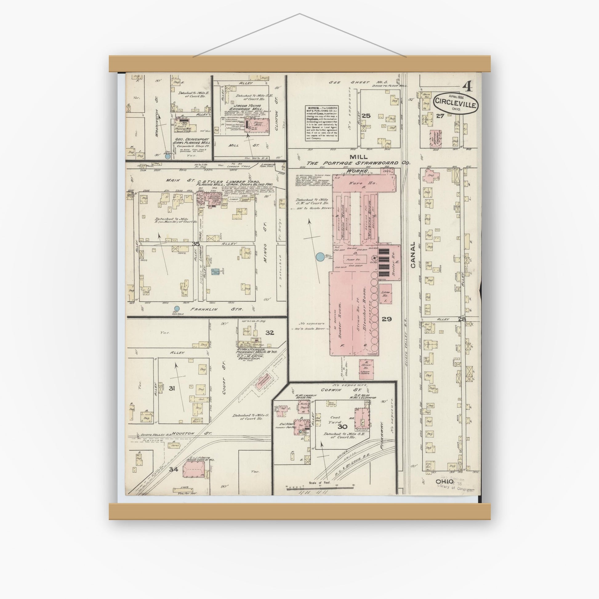 Old map wall art mockup — magnetic wood frame on white wall — Sanborn Fire Insurance Map from Circleville, Pickaway County, Ohio (1884), Sheet #0004