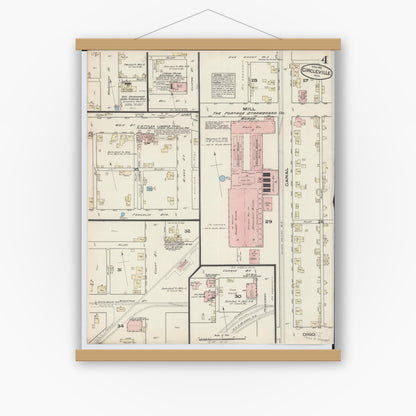 Old map wall art mockup — magnetic wood frame on white wall — Sanborn Fire Insurance Map from Circleville, Pickaway County, Ohio (1884), Sheet #0004