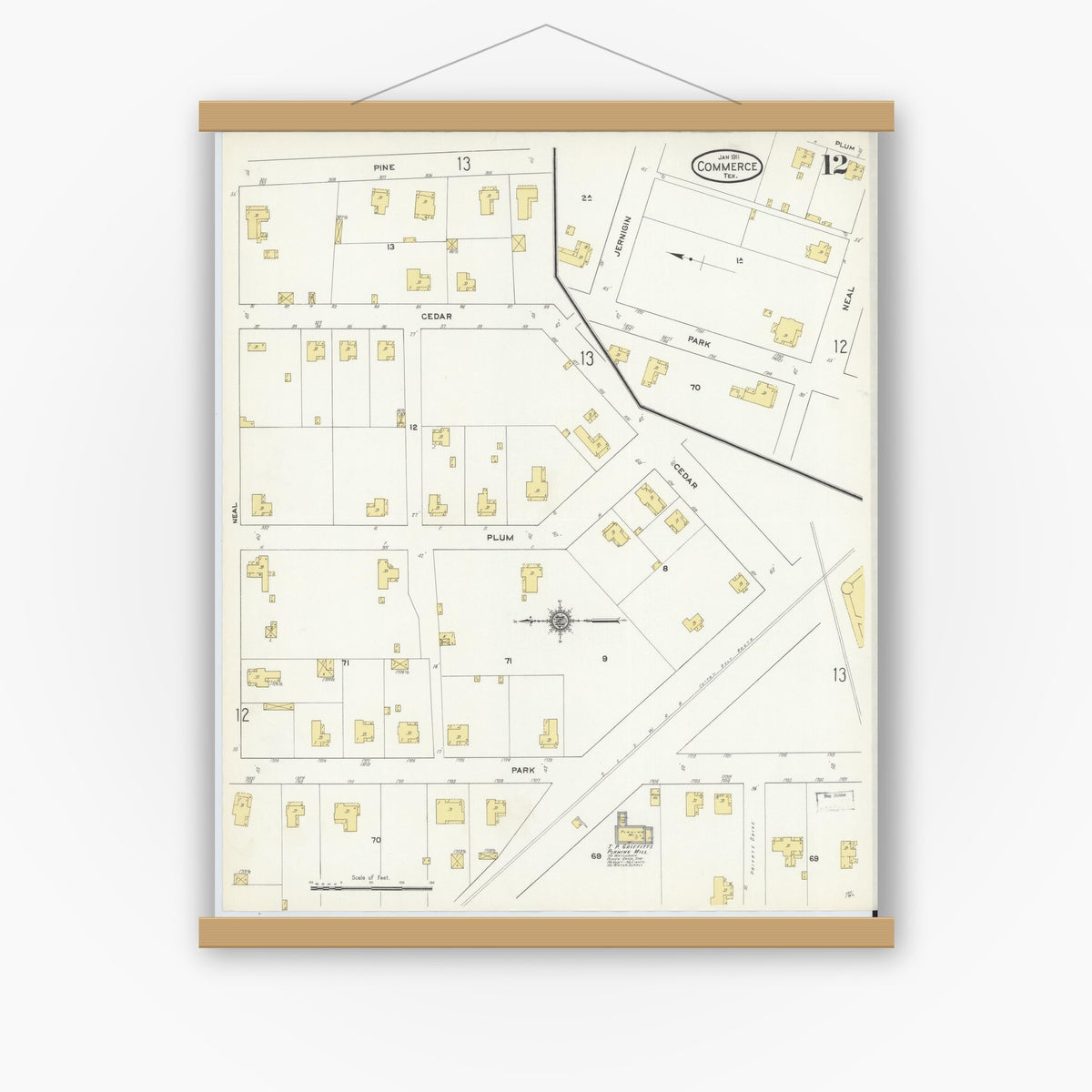 Old map wall art mockup — magnetic wood frame on white wall — Sanborn Fire Insurance Map from Commerce, Hunt County, Texas (1911), Sheet #0012