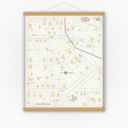 Old map wall art mockup — magnetic wood frame on white wall — Sanborn Fire Insurance Map from Commerce, Hunt County, Texas (1911), Sheet #0012