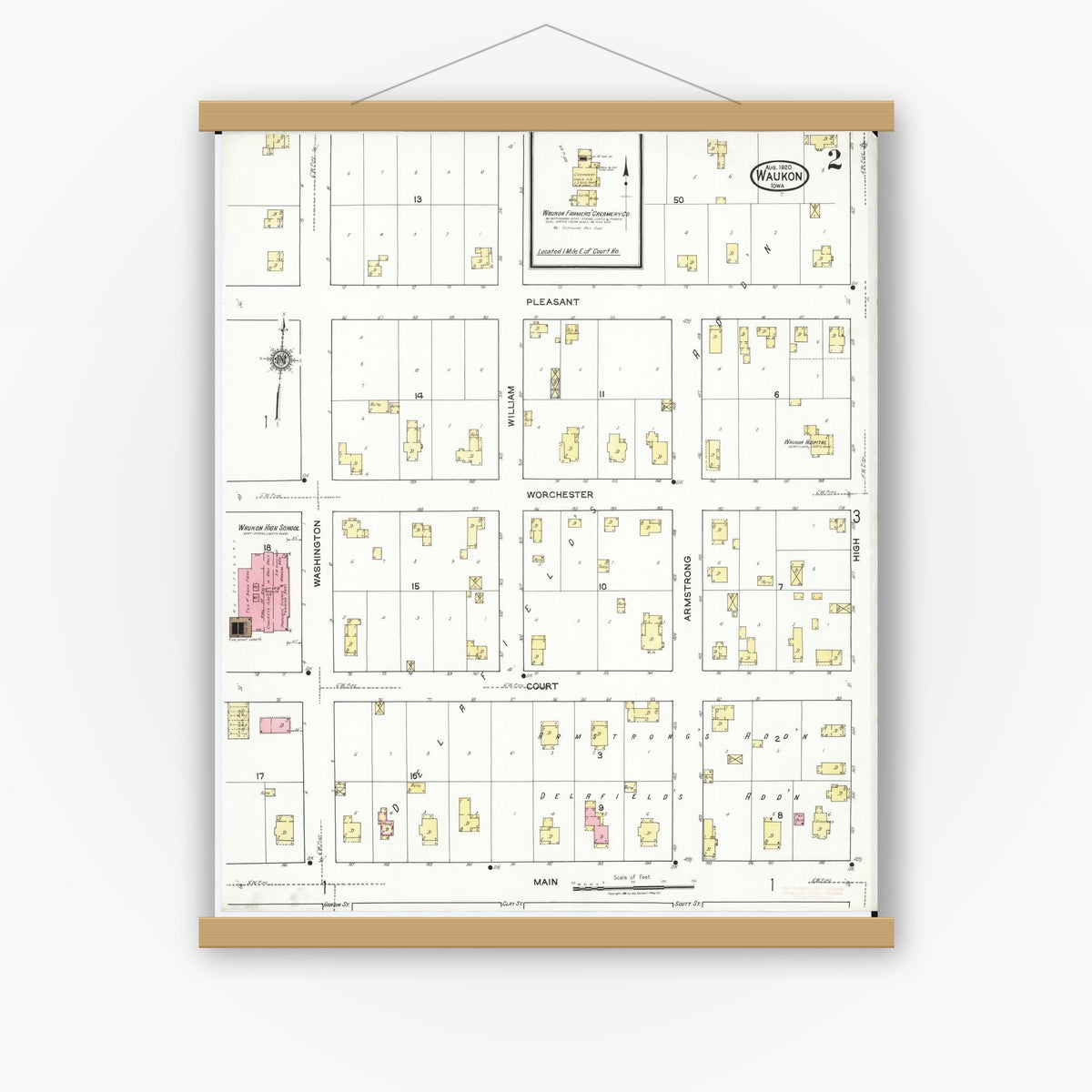 Old map wall art mockup — magnetic wood frame on white wall — Sanborn Fire Insurance Map from Waukon, Allamakee County, Iowa (1920), Sheet #0002
