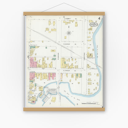 Old map wall art mockup — magnetic wood frame on white wall — Sanborn Fire Insurance Map from Fergus Falls, Otter Tail County, Minnesota (1896), Sheet #0004
