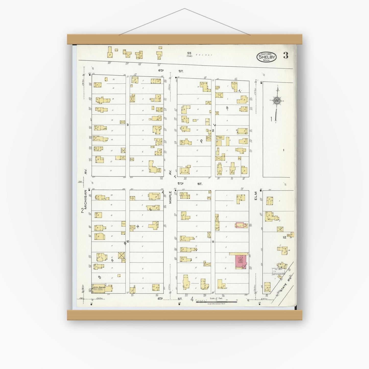 Old map wall art mockup — magnetic wood frame on white wall — Sanborn Fire Insurance Map from Shelby, Oceana County, Michigan (1920), Sheet #0003