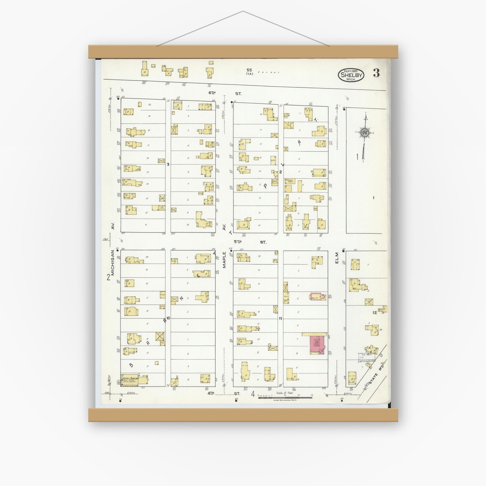 Old map wall art mockup — magnetic wood frame on white wall — Sanborn Fire Insurance Map from Shelby, Oceana County, Michigan (1920), Sheet #0003