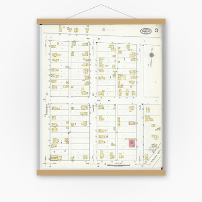 Old map wall art mockup — magnetic wood frame on white wall — Sanborn Fire Insurance Map from Shelby, Oceana County, Michigan (1920), Sheet #0003