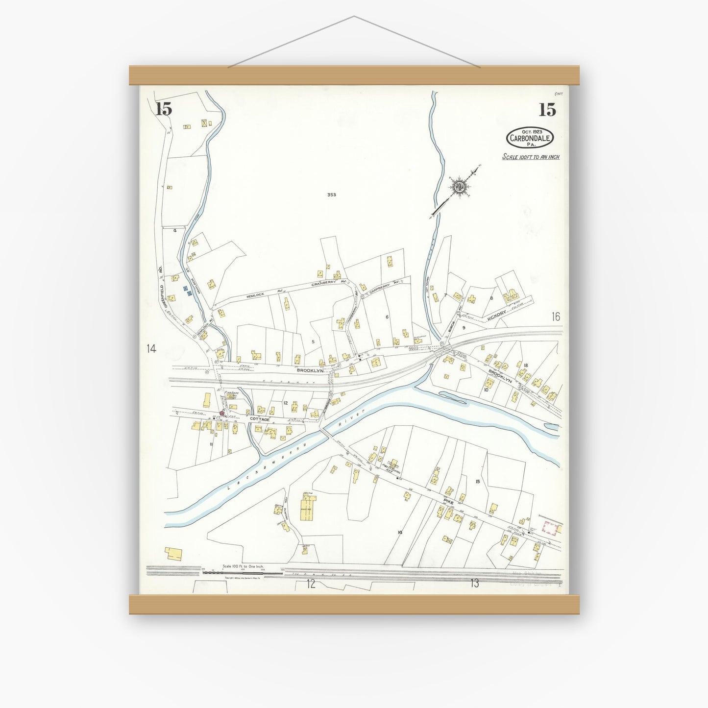 Old map wall art mockup — magnetic wood frame on white wall — Sanborn Fire Insurance Map from Carbondale, Lackawanna County, Pennsylvania (1923), Sheet #0015
