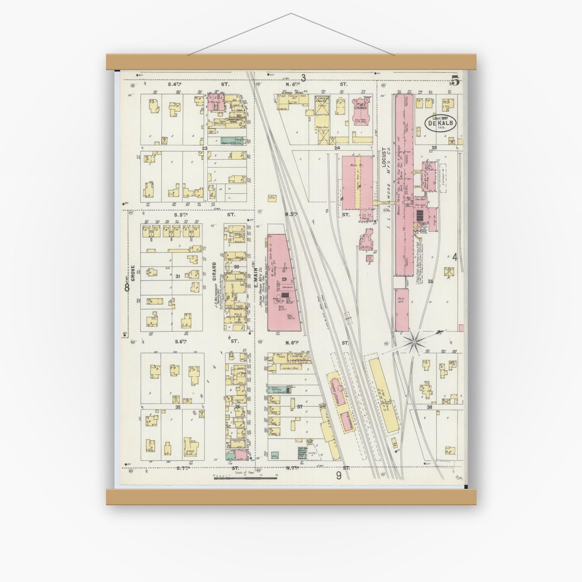 Old map wall art mockup — magnetic wood frame on white wall — Sanborn Fire Insurance Map from De Kalb, De Kalb County, Illinois (1897), Sheet #0005