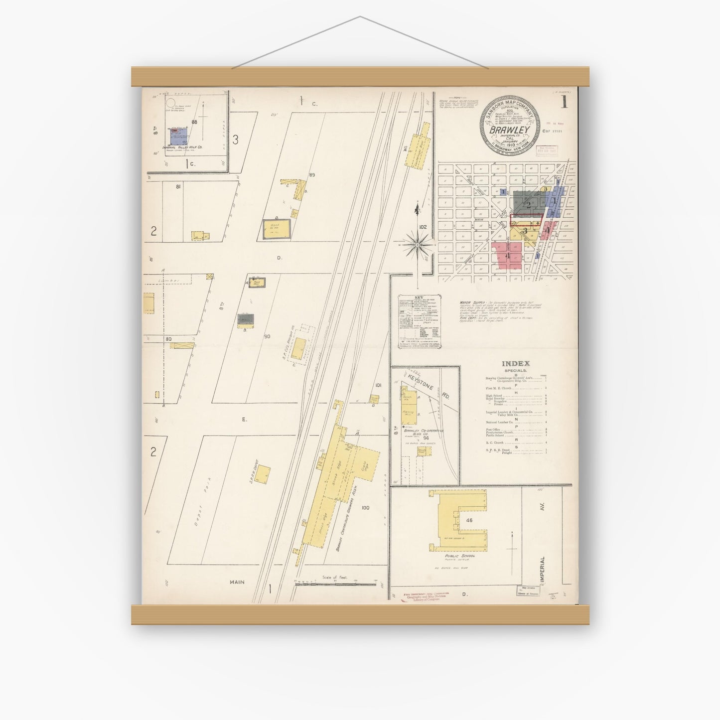 Old map wall art mockup — magnetic wood frame on white wall — Sanborn Fire Insurance Map from Brawley, Imperial County, California (1910), Sheet #0001