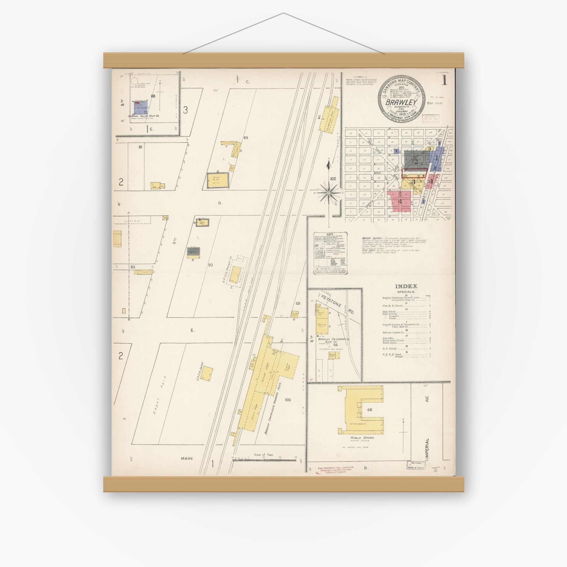 Old map wall art mockup — magnetic wood frame on white wall — Sanborn Fire Insurance Map from Brawley, Imperial County, California (1910), Sheet #0001