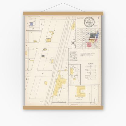 Old map wall art mockup — magnetic wood frame on white wall — Sanborn Fire Insurance Map from Brawley, Imperial County, California (1910), Sheet #0001