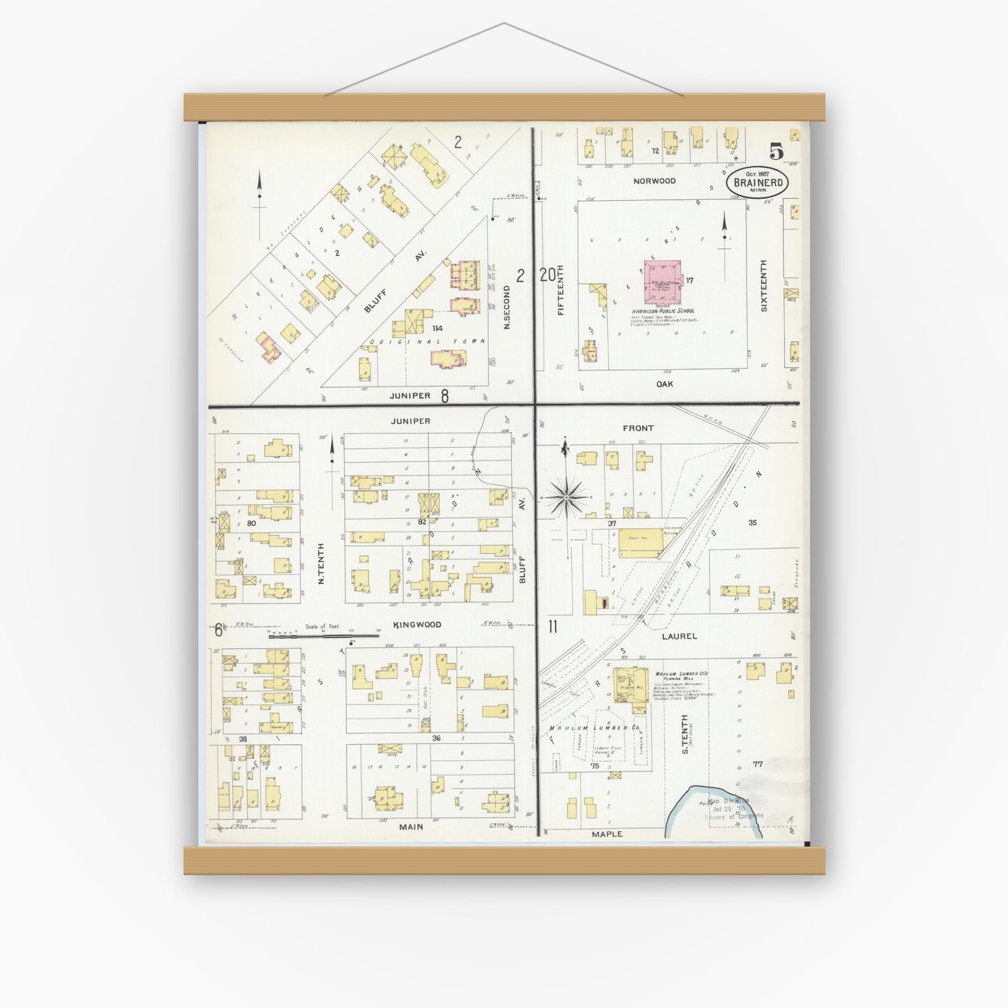 Old map wall art mockup — magnetic wood frame on white wall — Sanborn Fire Insurance Map from Brainerd, Crow Wing County, Minnesota (1907), Sheet #0005