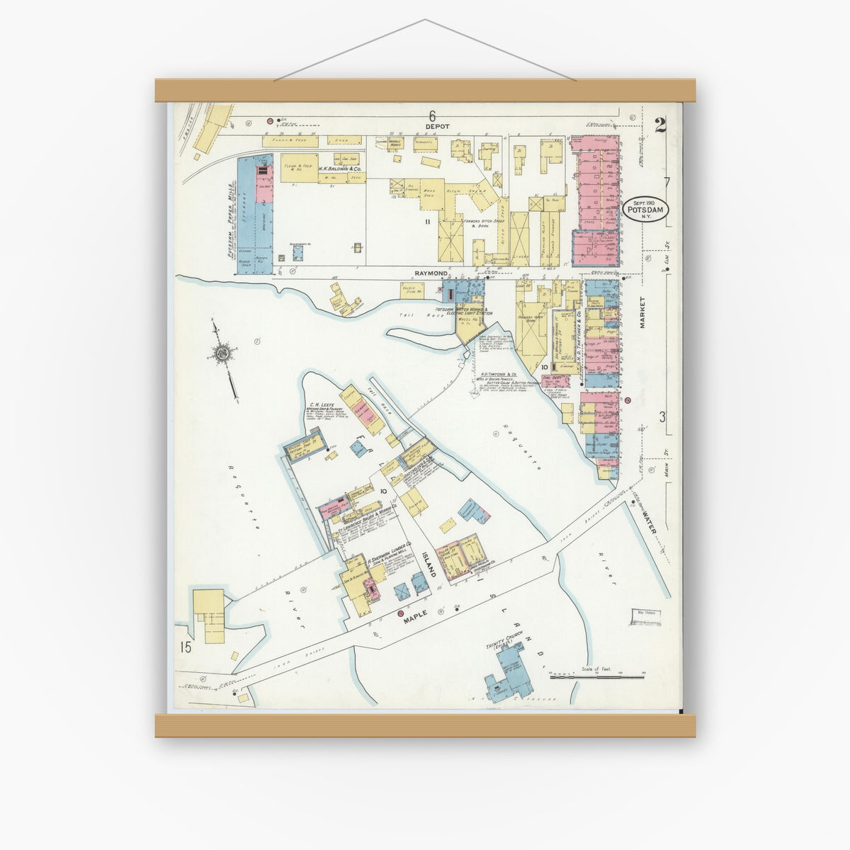Old map wall art mockup — magnetic wood frame on white wall — Sanborn Fire Insurance Map from Potsdam, St. Lawrence County, New York (1910) - Complete Map Set