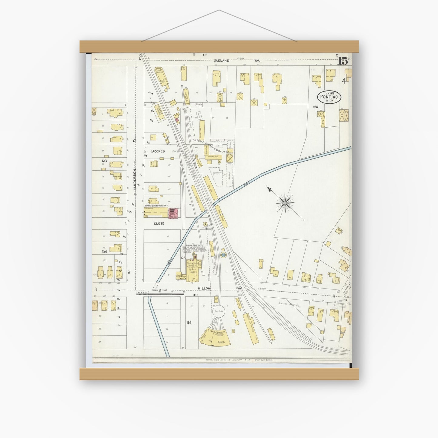 Old map wall art mockup — magnetic wood frame on white wall — Sanborn Fire Insurance Map from Pontiac, Oakland County, Michigan (1903), Sheet #0015