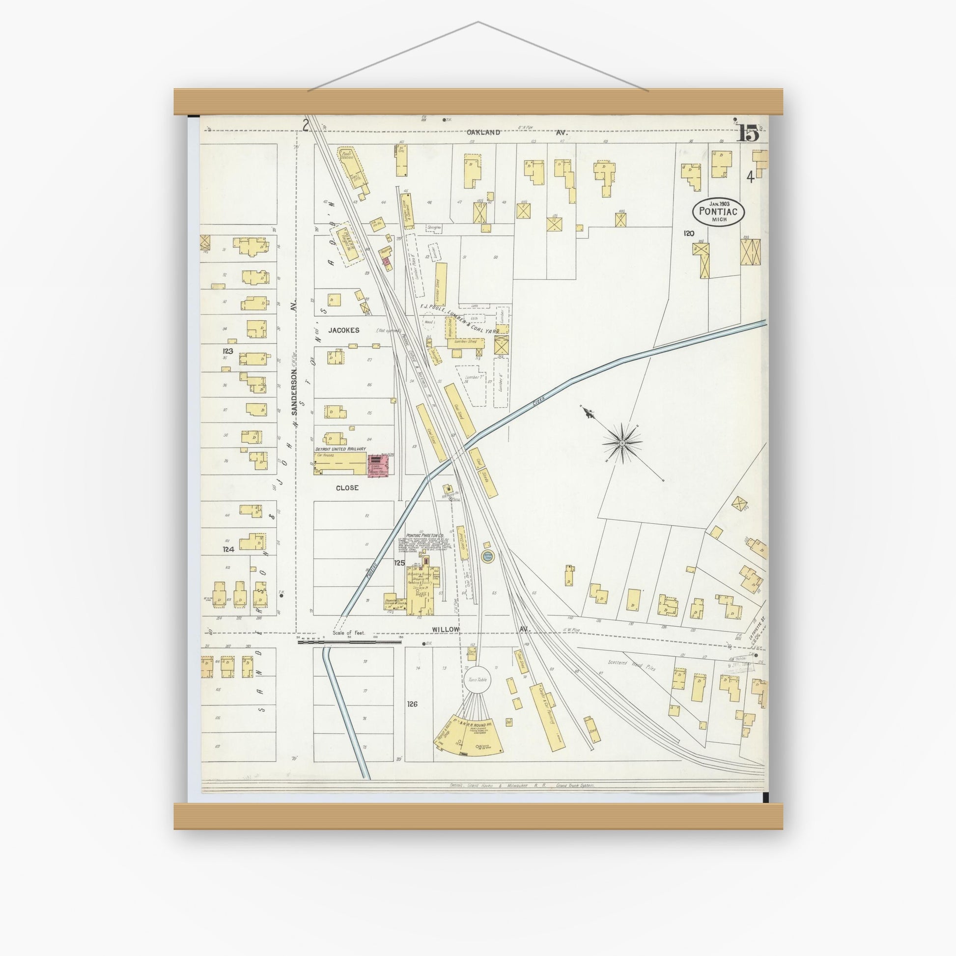 Old map wall art mockup — magnetic wood frame on white wall — Sanborn Fire Insurance Map from Pontiac, Oakland County, Michigan (1903), Sheet #0015