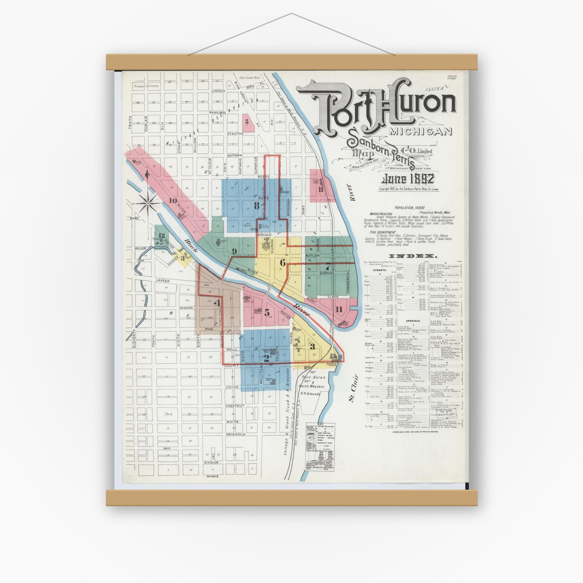 Old map wall art mockup — magnetic wood frame on white wall — Sanborn Fire Insurance Map from Port Huron, Saint Clair County, Michigan (1892) - Complete Map Set