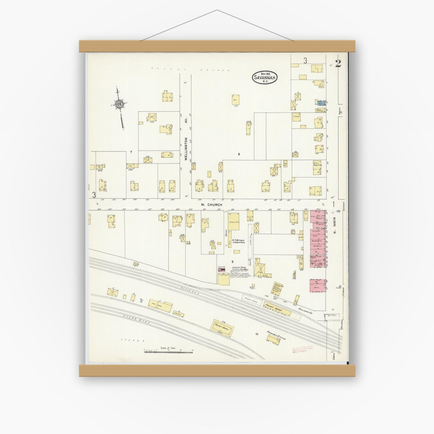 Old map wall art mockup — magnetic wood frame on white wall — Sanborn Fire Insurance Map from Savannah, Wayne County, New York (1910), Sheet #0002