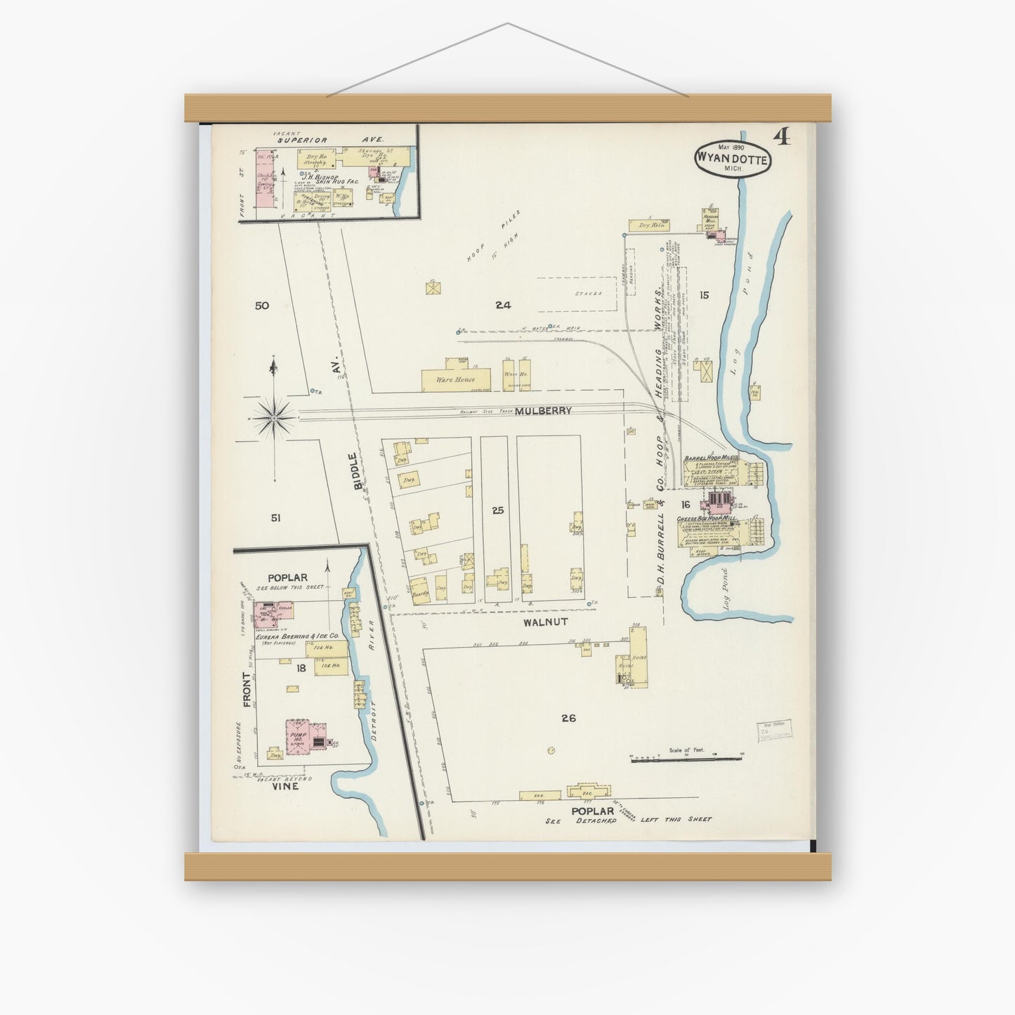Old map wall art mockup — magnetic wood frame on white wall — Sanborn Fire Insurance Map from Wyandotte, Wayne County, Michigan (1890), Sheet #0004