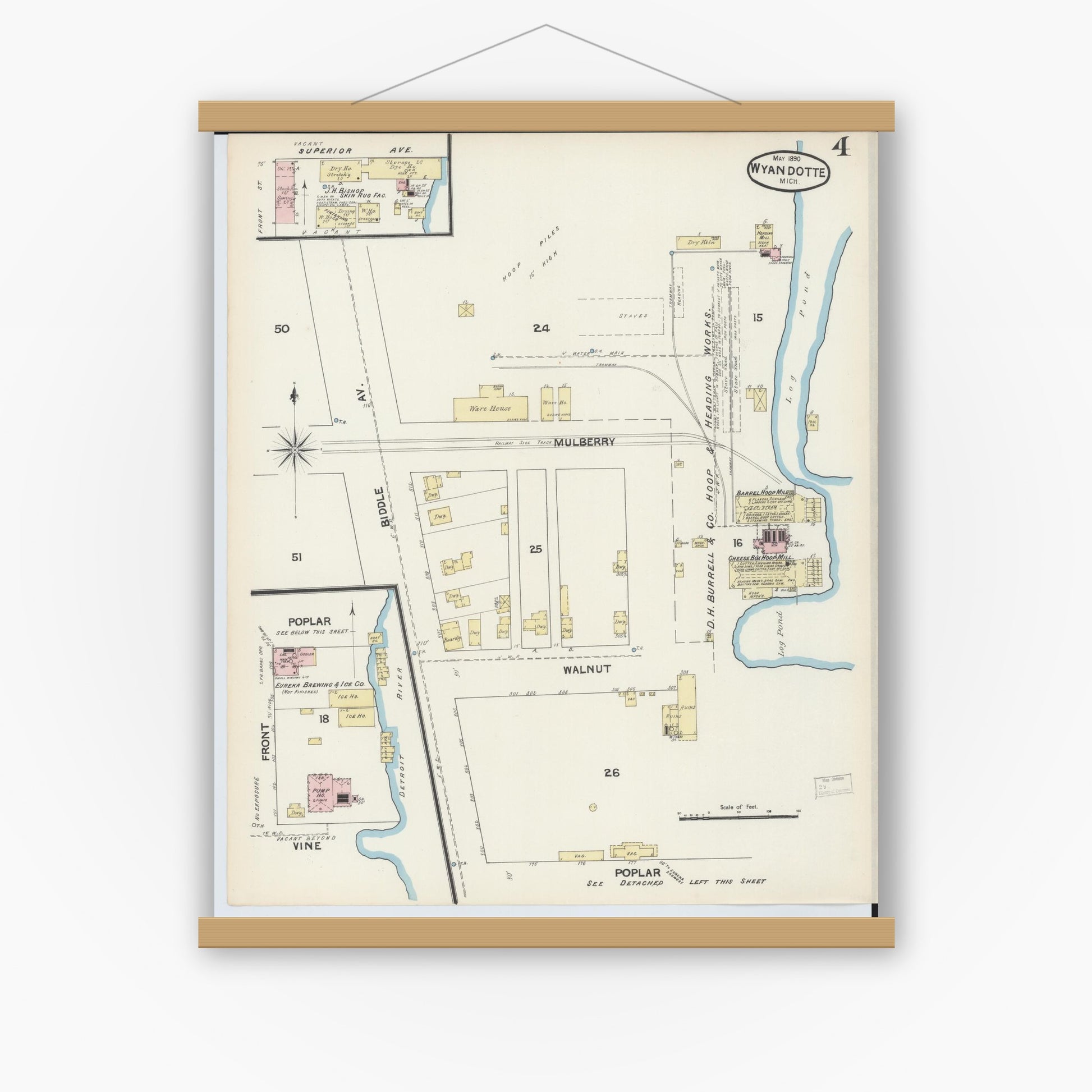 Old map wall art mockup — magnetic wood frame on white wall — Sanborn Fire Insurance Map from Wyandotte, Wayne County, Michigan (1890), Sheet #0004