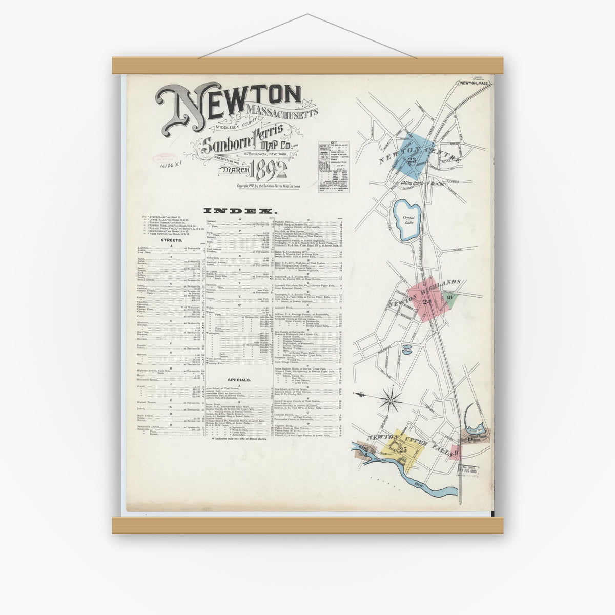 Old map wall art mockup — magnetic wood frame on white wall — Sanborn Fire Insurance Map from Newton, Middlesex County, Massachusetts (1892), Sheet #0001