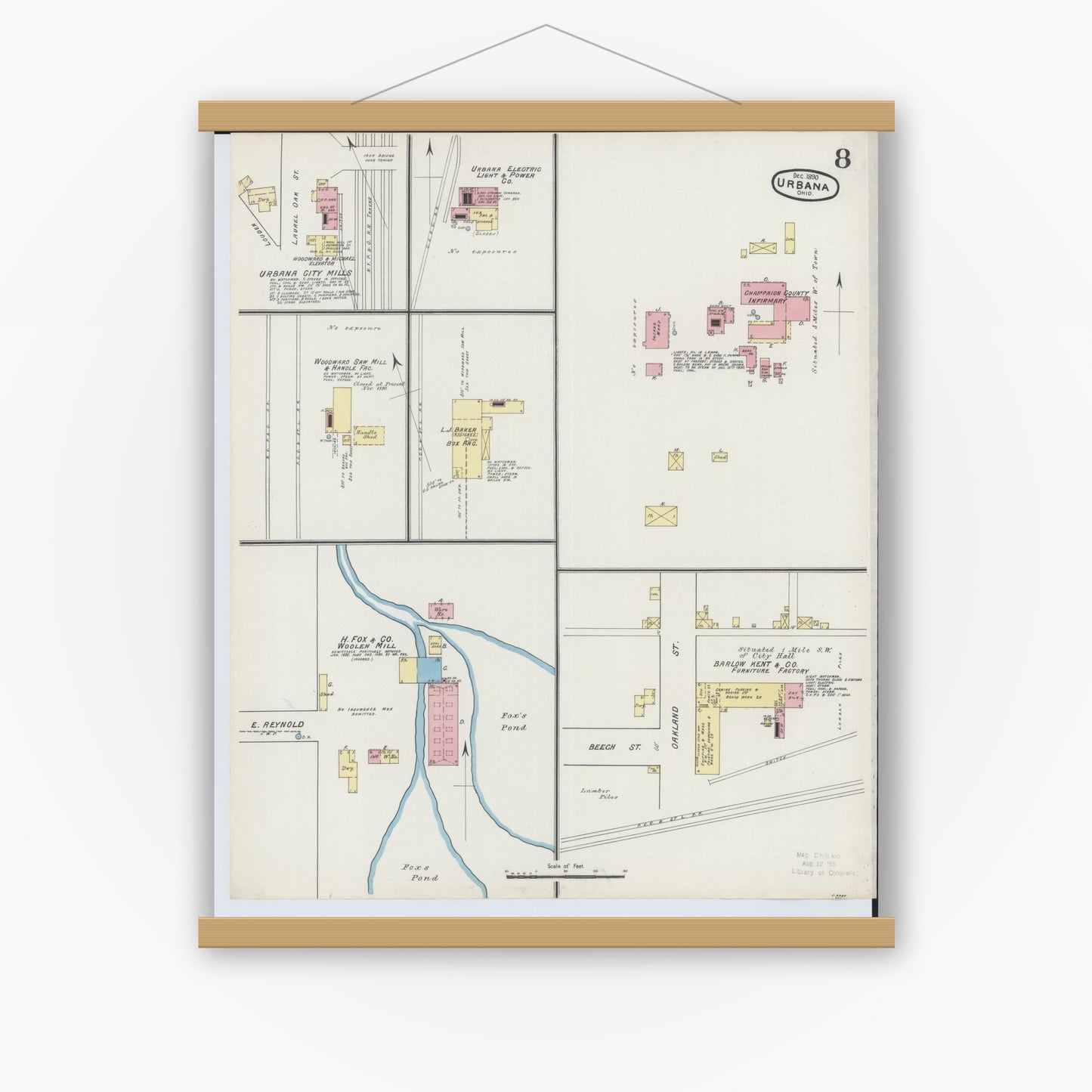 Old map wall art mockup — magnetic wood frame on white wall — Sanborn Fire Insurance Map from Urbana, Champaign County, Ohio (1890), Sheet #0008