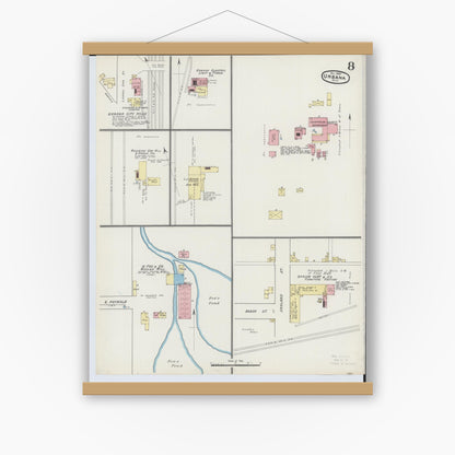 Old map wall art mockup — magnetic wood frame on white wall — Sanborn Fire Insurance Map from Urbana, Champaign County, Ohio (1890), Sheet #0008