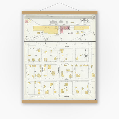 Old map wall art mockup — magnetic wood frame on white wall — Sanborn Fire Insurance Map from Clarksville, Red River County, Texas (1906), Sheet #0004