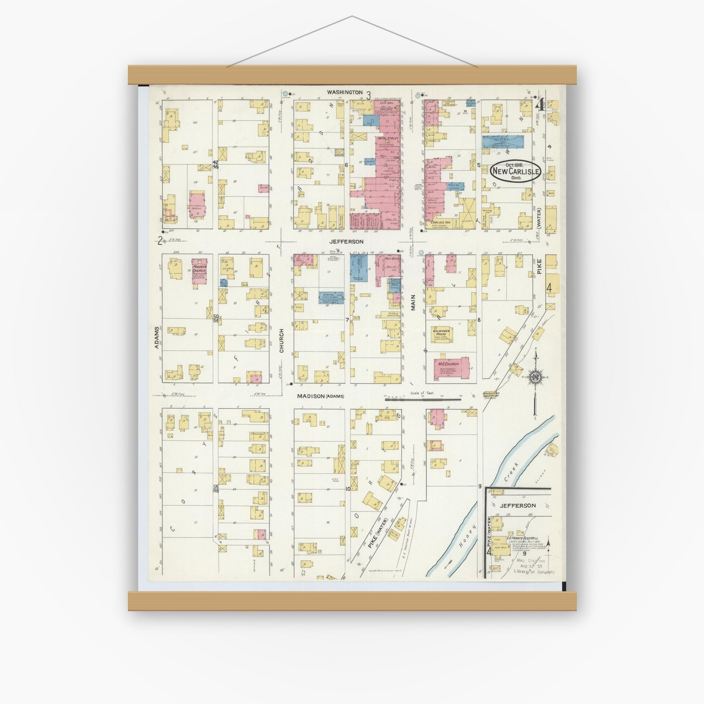 Old map wall art mockup — magnetic wood frame on white wall — Sanborn Fire Insurance Map from New Carlisle, Clarke County, Ohio (1916), Sheet #0004