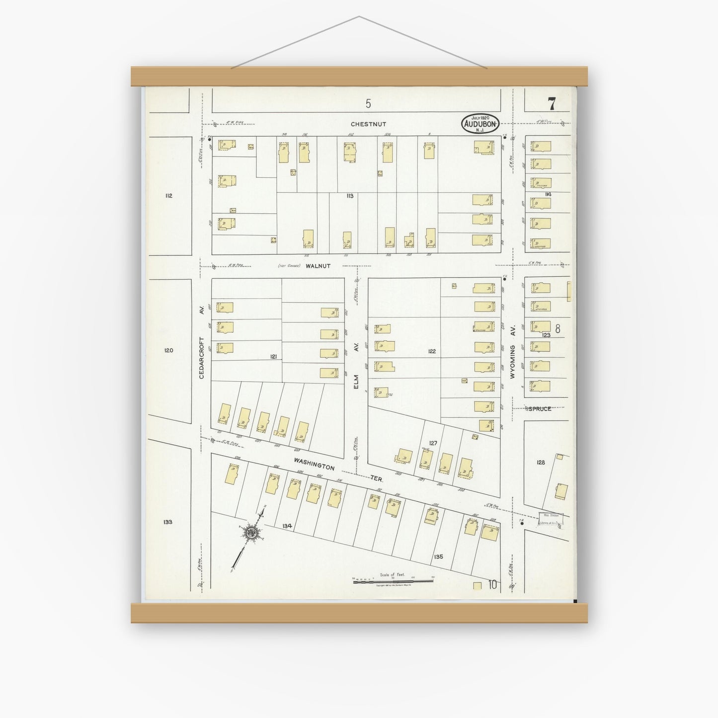 Old map wall art mockup — magnetic wood frame on white wall — Sanborn Fire Insurance Map from Audubon, Camden County, New Jersey (1920), Sheet #0007
