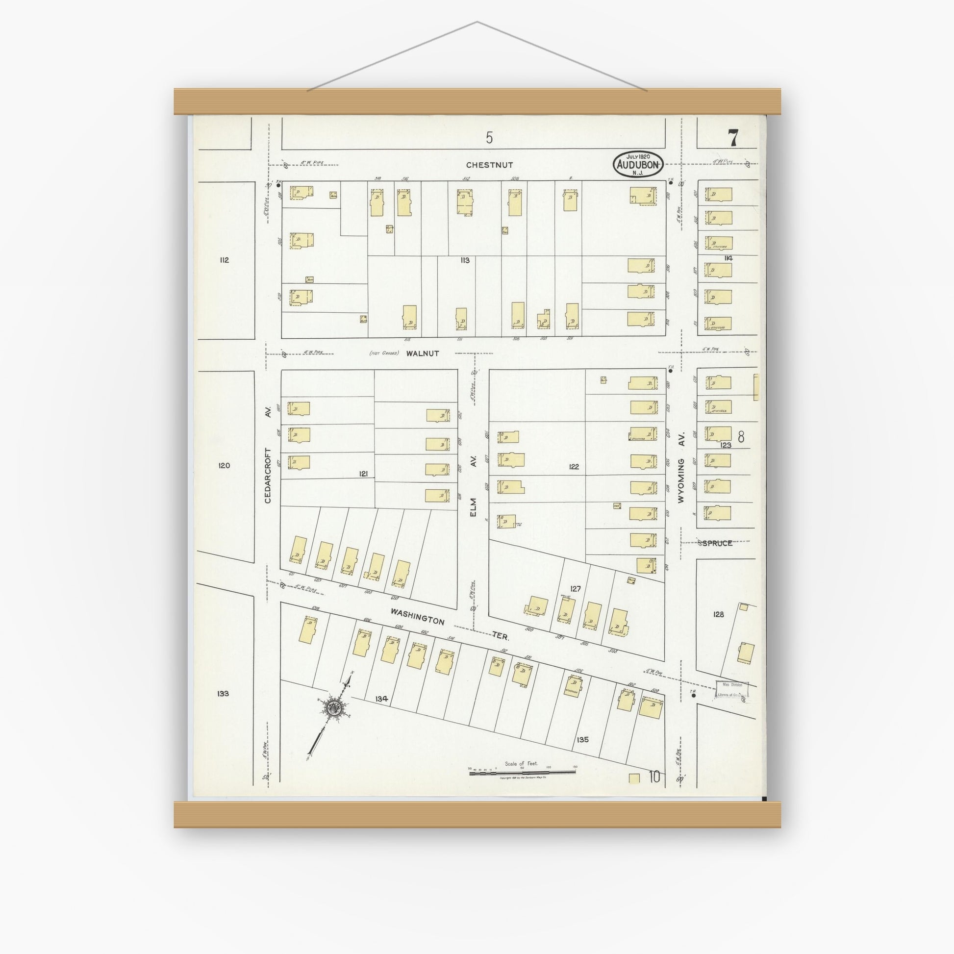 Old map wall art mockup — magnetic wood frame on white wall — Sanborn Fire Insurance Map from Audubon, Camden County, New Jersey (1920), Sheet #0007
