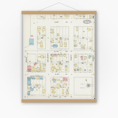 Old map wall art mockup — magnetic wood frame on white wall — Sanborn Fire Insurance Map from Austin, Travis County, Texas (1894), Sheet #0007