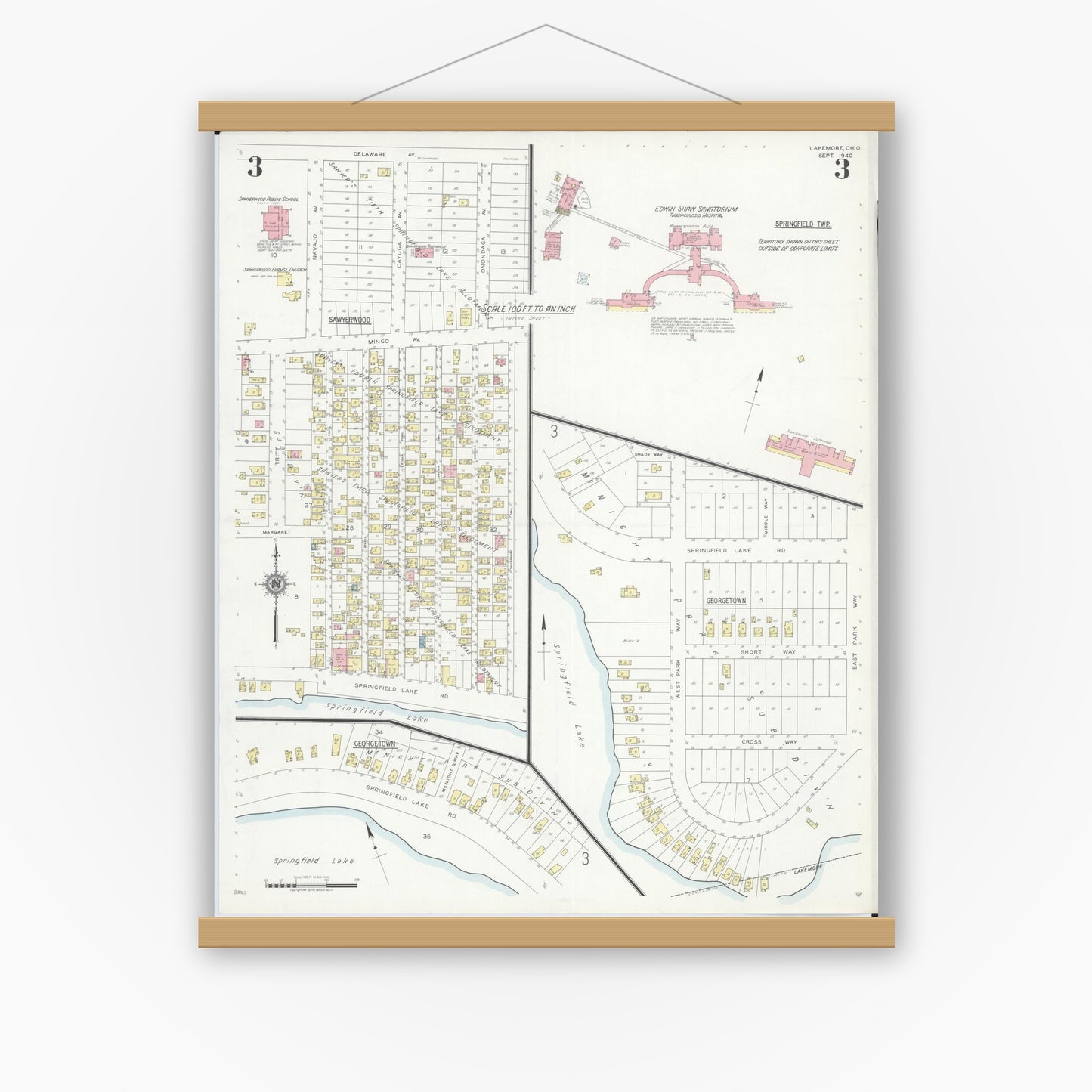 Old map wall art mockup — magnetic wood frame on white wall — Sanborn Fire Insurance Map from Lakemore, Summit County, Ohio (1940), Sheet #0003