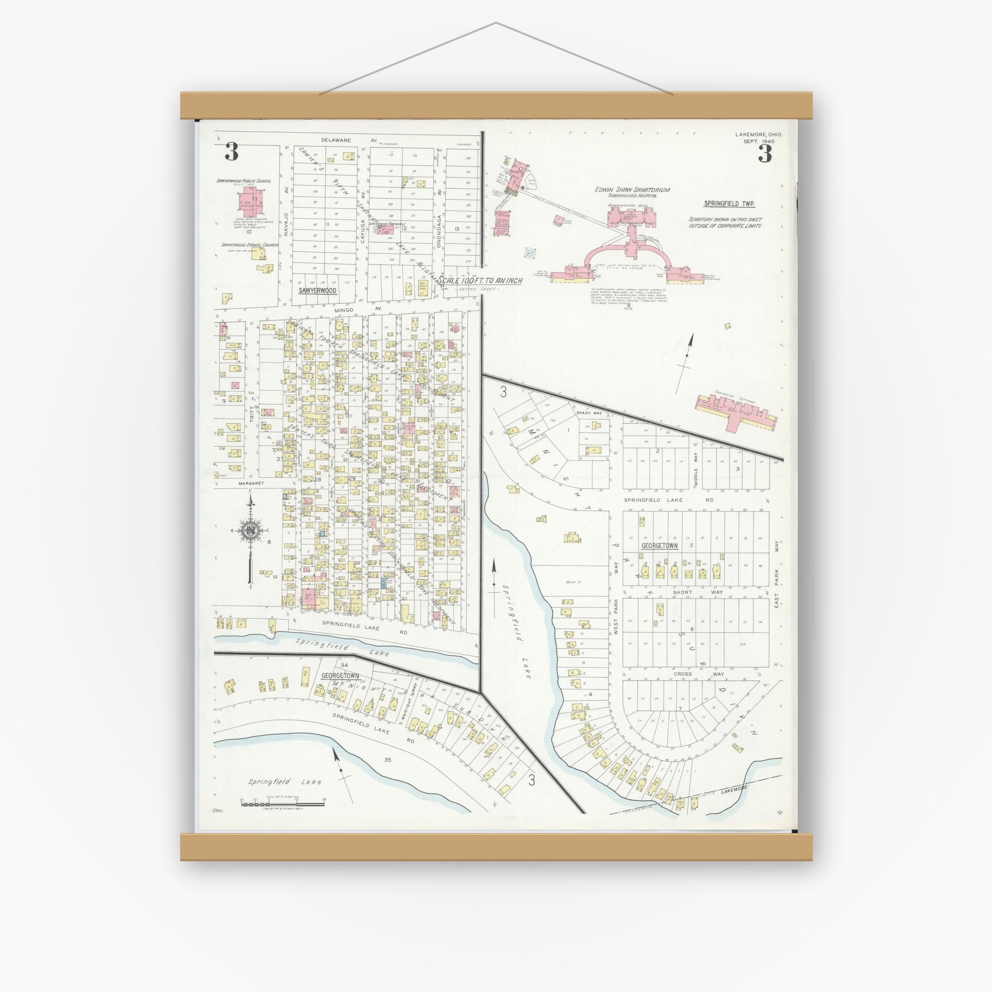 Old map wall art mockup — magnetic wood frame on white wall — Sanborn Fire Insurance Map from Lakemore, Summit County, Ohio (1940), Sheet #0003