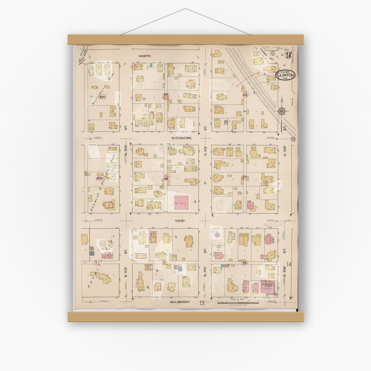 Old map wall art mockup — magnetic wood frame on white wall — Sanborn Fire Insurance Map from Clinton, Vermillion County, Indiana (1947), Sheet #0009