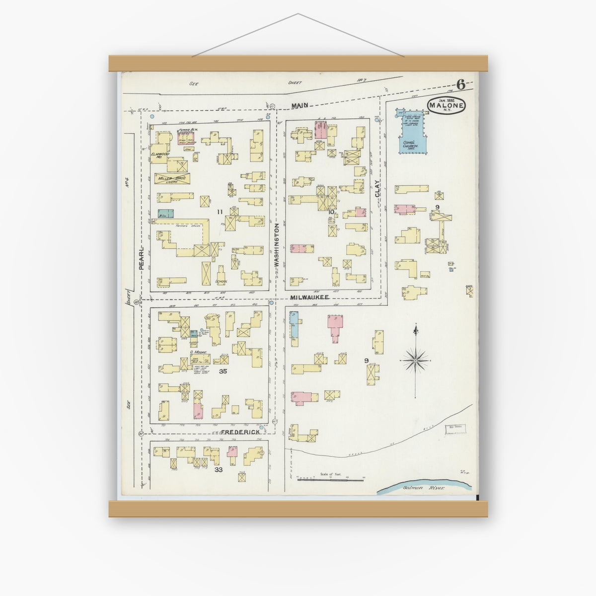 Old map wall art mockup — magnetic wood frame on white wall — Sanborn Fire Insurance Map from Malone, Franklin County, New York (1892), Sheet #0006