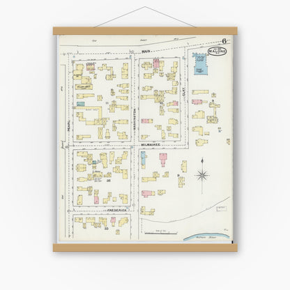 Old map wall art mockup — magnetic wood frame on white wall — Sanborn Fire Insurance Map from Malone, Franklin County, New York (1892), Sheet #0006