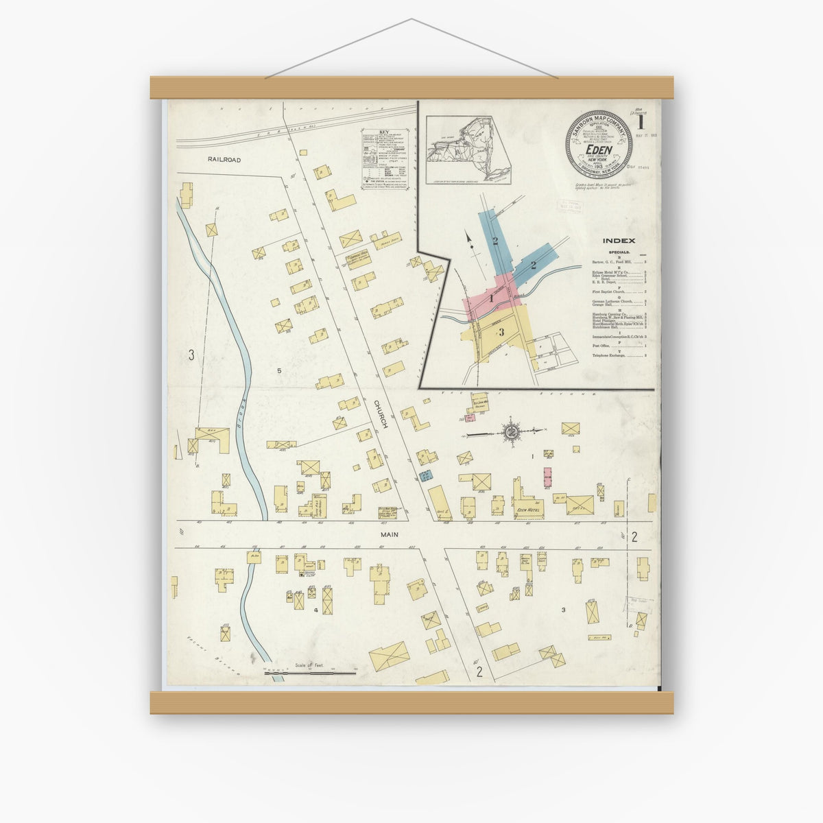Old map wall art mockup — magnetic wood frame on white wall — Sanborn Fire Insurance Map from Eden, Erie County, New York (1913), Sheet #0001