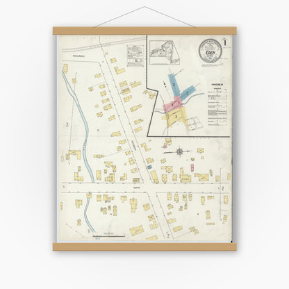 Old map wall art mockup — magnetic wood frame on white wall — Sanborn Fire Insurance Map from Eden, Erie County, New York (1913), Sheet #0001