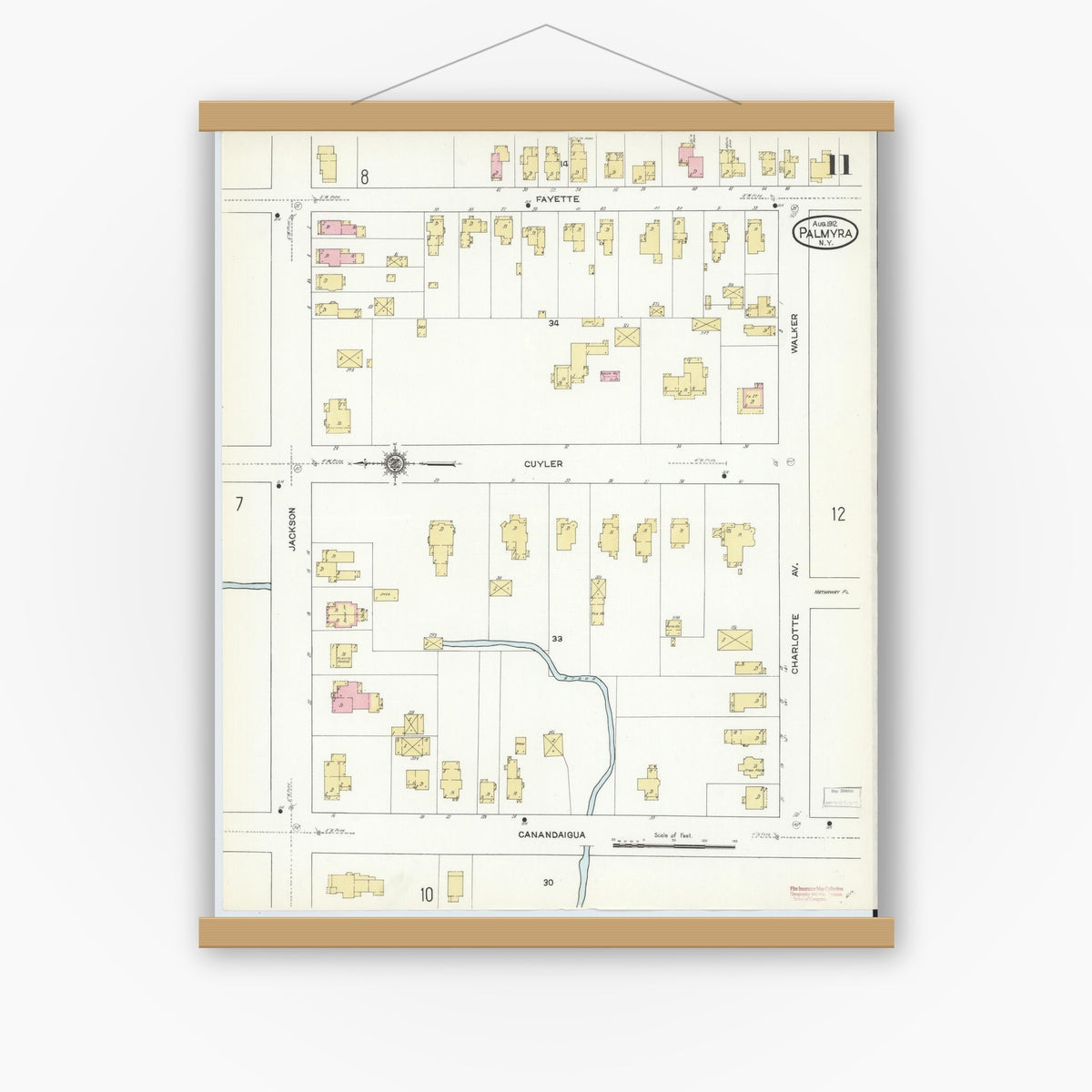 Old map wall art mockup — magnetic wood frame on white wall — Sanborn Fire Insurance Map from Palmyra, Wayne County, New York (1912), Sheet #0011