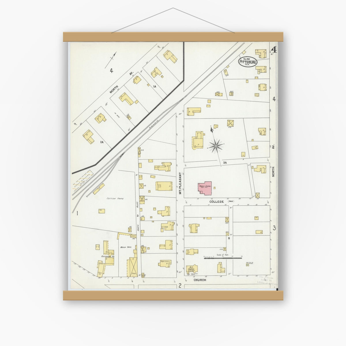 Old map wall art mockup — magnetic wood frame on white wall — Sanborn Fire Insurance Map from Pittsburg, Camp County, Texas (1901), Sheet #0004