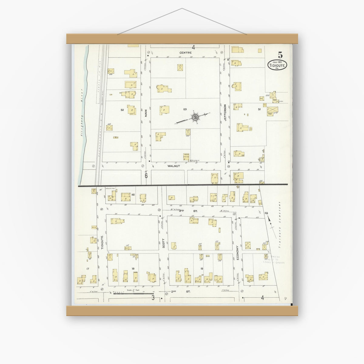 Old map wall art mockup — magnetic wood frame on white wall — Sanborn Fire Insurance Map from Tidioute, Warren County, Pennsylvania (1912), Sheet #0005