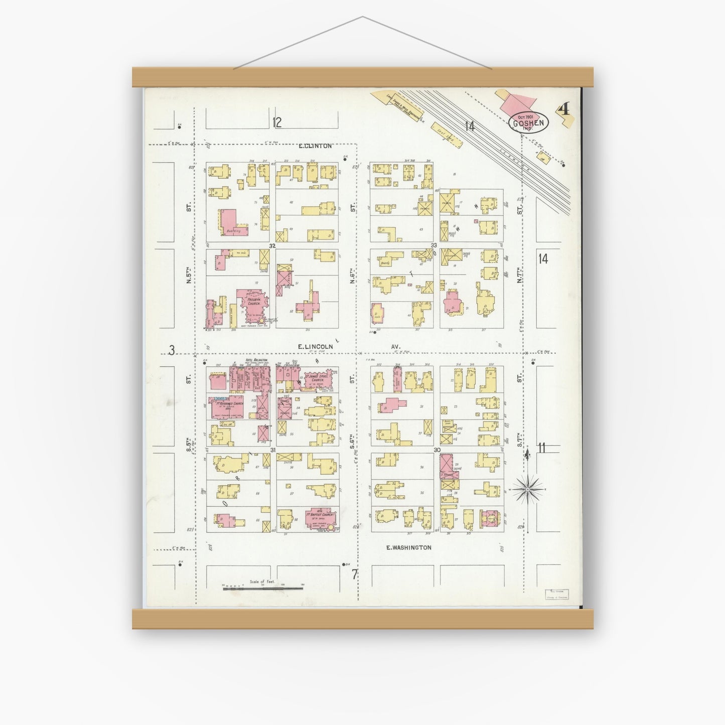 Old map wall art mockup — magnetic wood frame on white wall — Sanborn Fire Insurance Map from Goshen, Elkhart County, Indiana (1901), Sheet #0004
