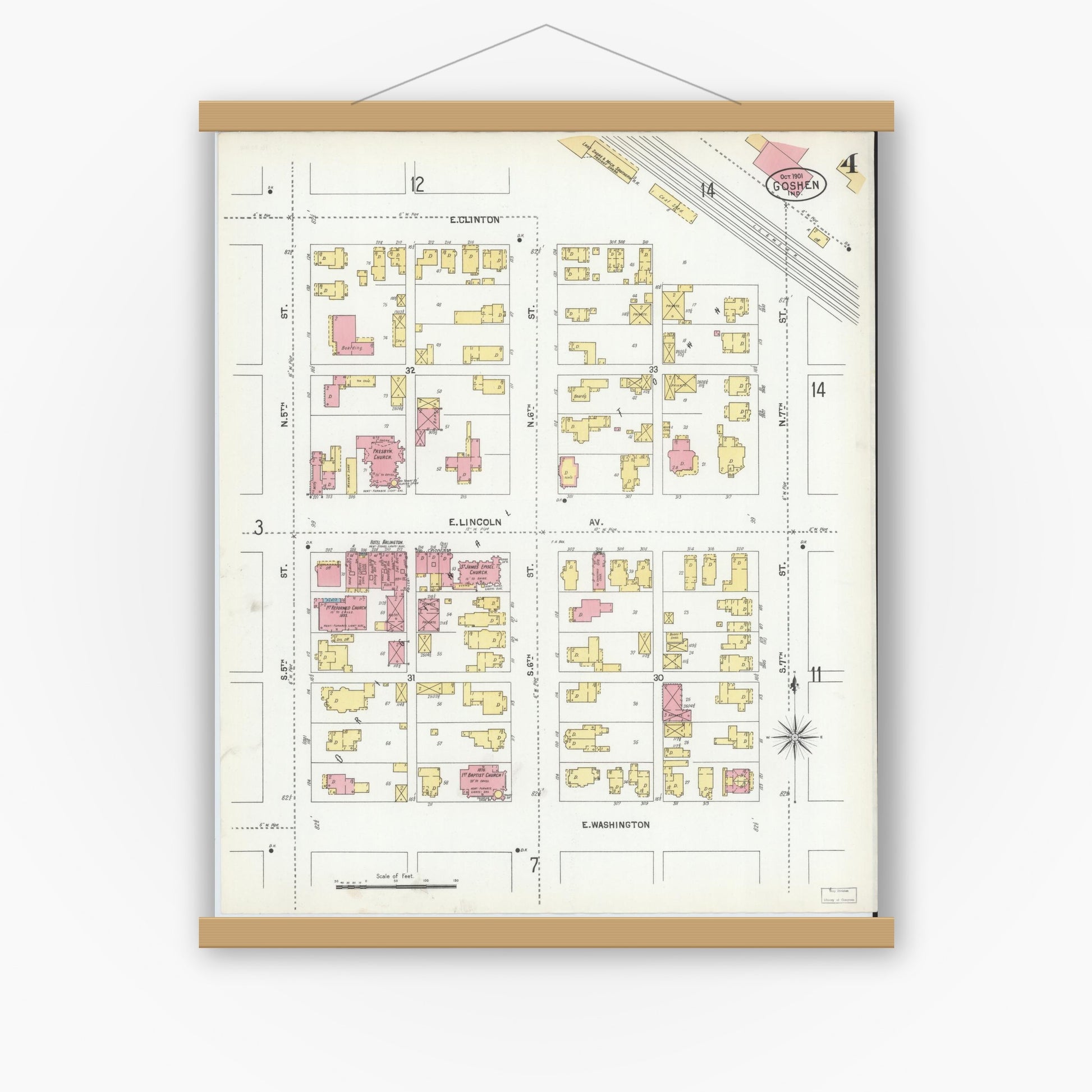 Old map wall art mockup — magnetic wood frame on white wall — Sanborn Fire Insurance Map from Goshen, Elkhart County, Indiana (1901), Sheet #0004