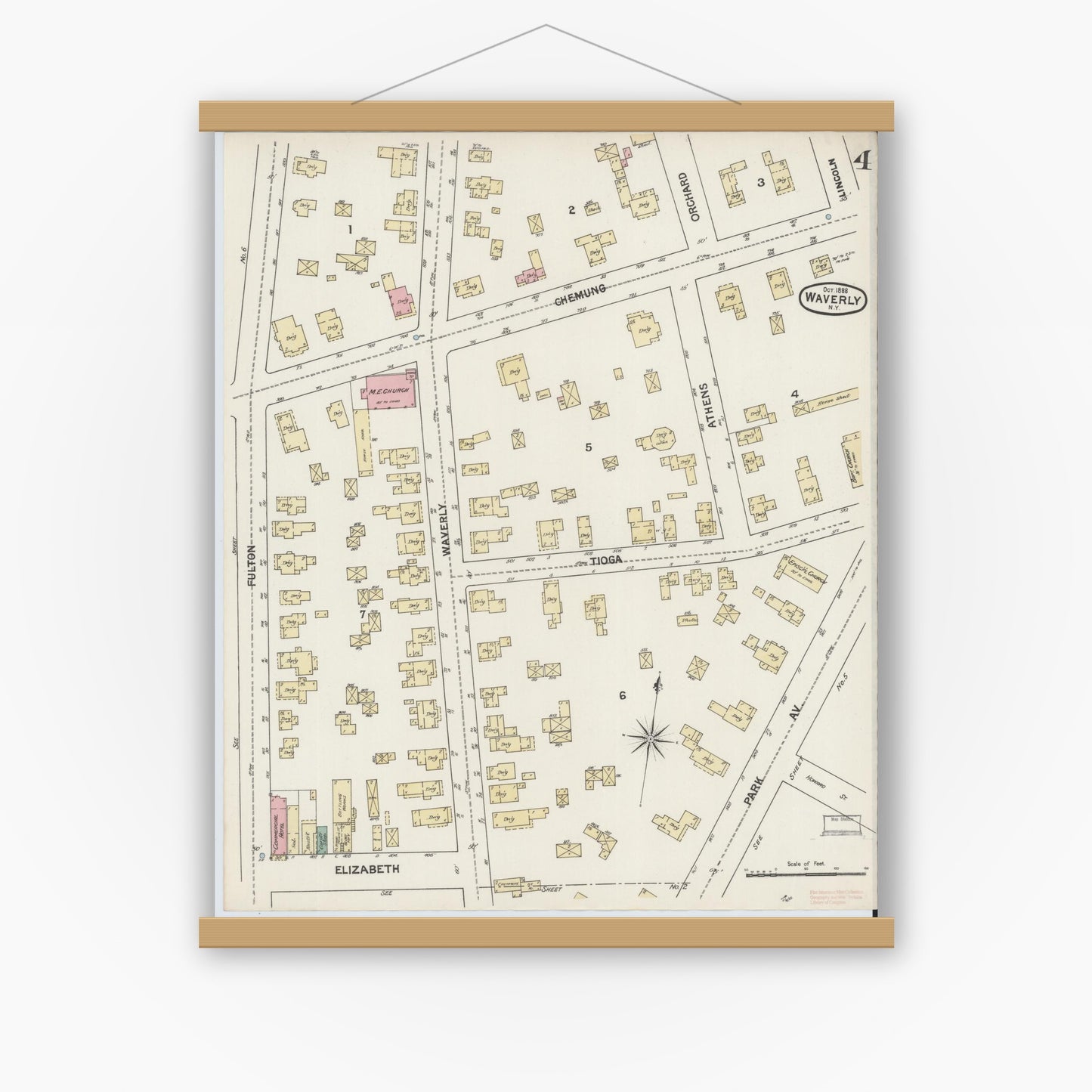 Old map wall art mockup — magnetic wood frame on white wall — Sanborn Fire Insurance Map from Waverly, Tioga County, New York (1888), Sheet #0004