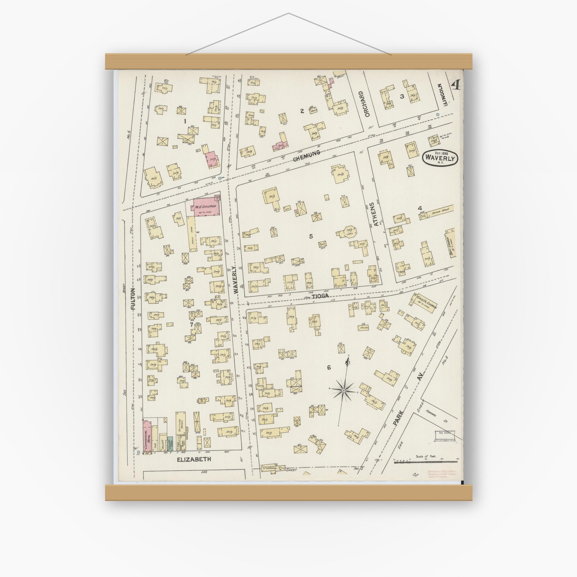 Old map wall art mockup — magnetic wood frame on white wall — Sanborn Fire Insurance Map from Waverly, Tioga County, New York (1888), Sheet #0004