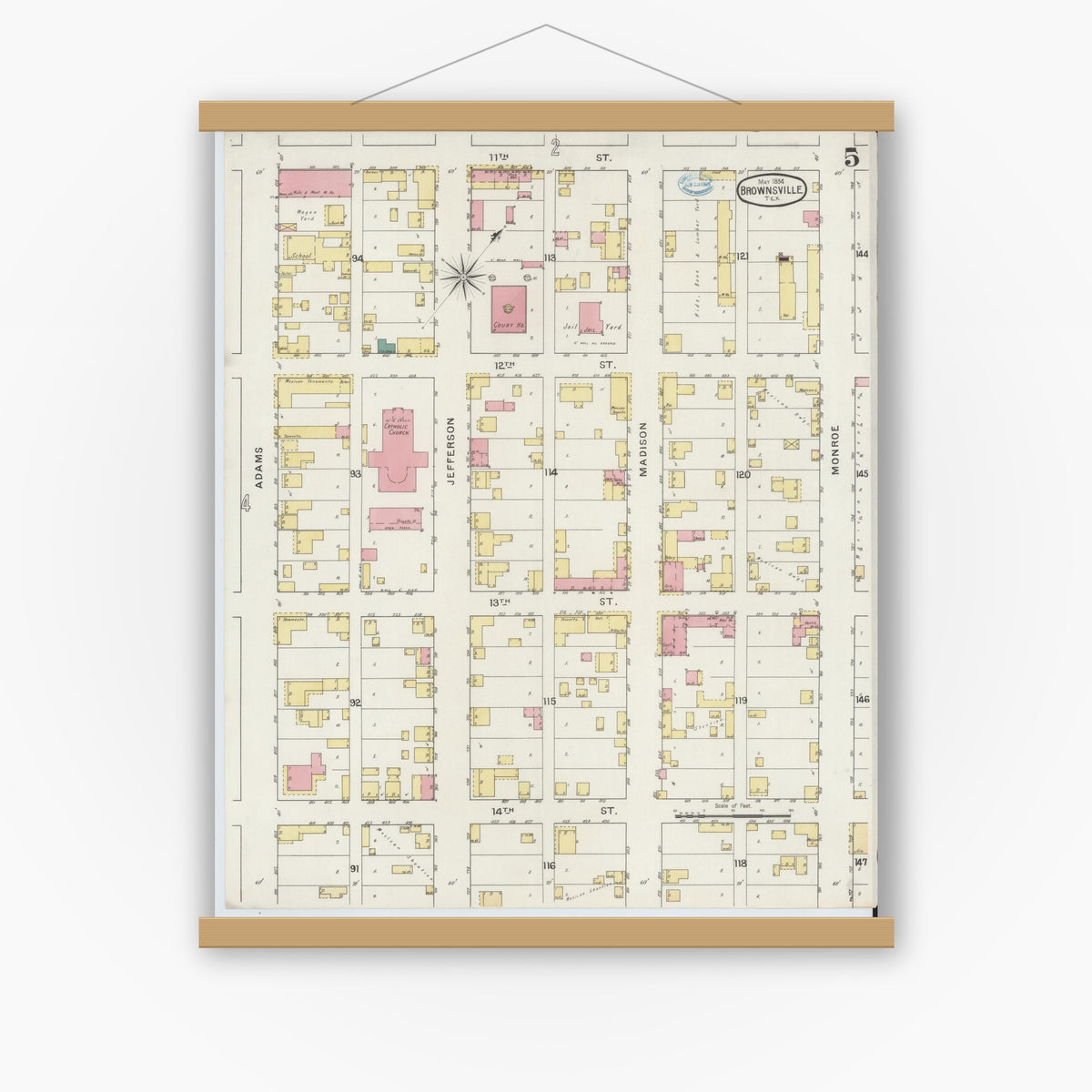 Old map wall art mockup — magnetic wood frame on white wall — Sanborn Fire Insurance Map from Brownsville, Cameron County, Texas (1894), Sheet #0005