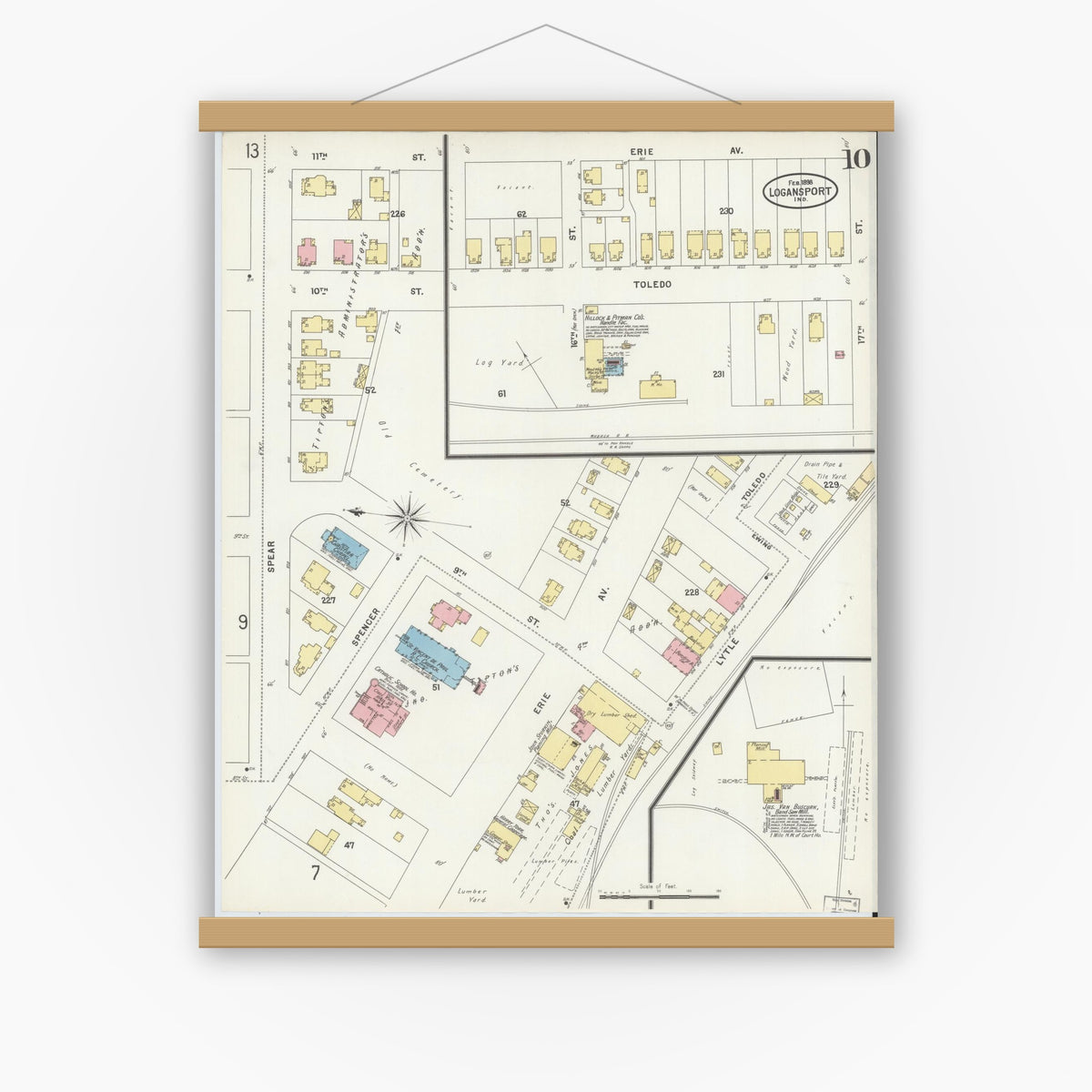 Old map wall art mockup — magnetic wood frame on white wall — Sanborn Fire Insurance Map from Logansport, Cass County, Indiana (1898), Sheet #0010