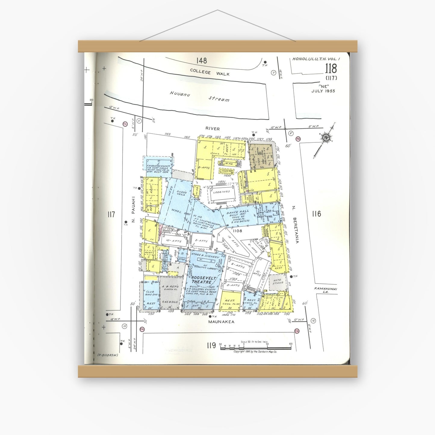 Old map wall art mockup — magnetic wood frame on white wall — Sanborn Fire Insurance Map from Honolulu, Oahu County, Hawaii (1955), Sheet #0118