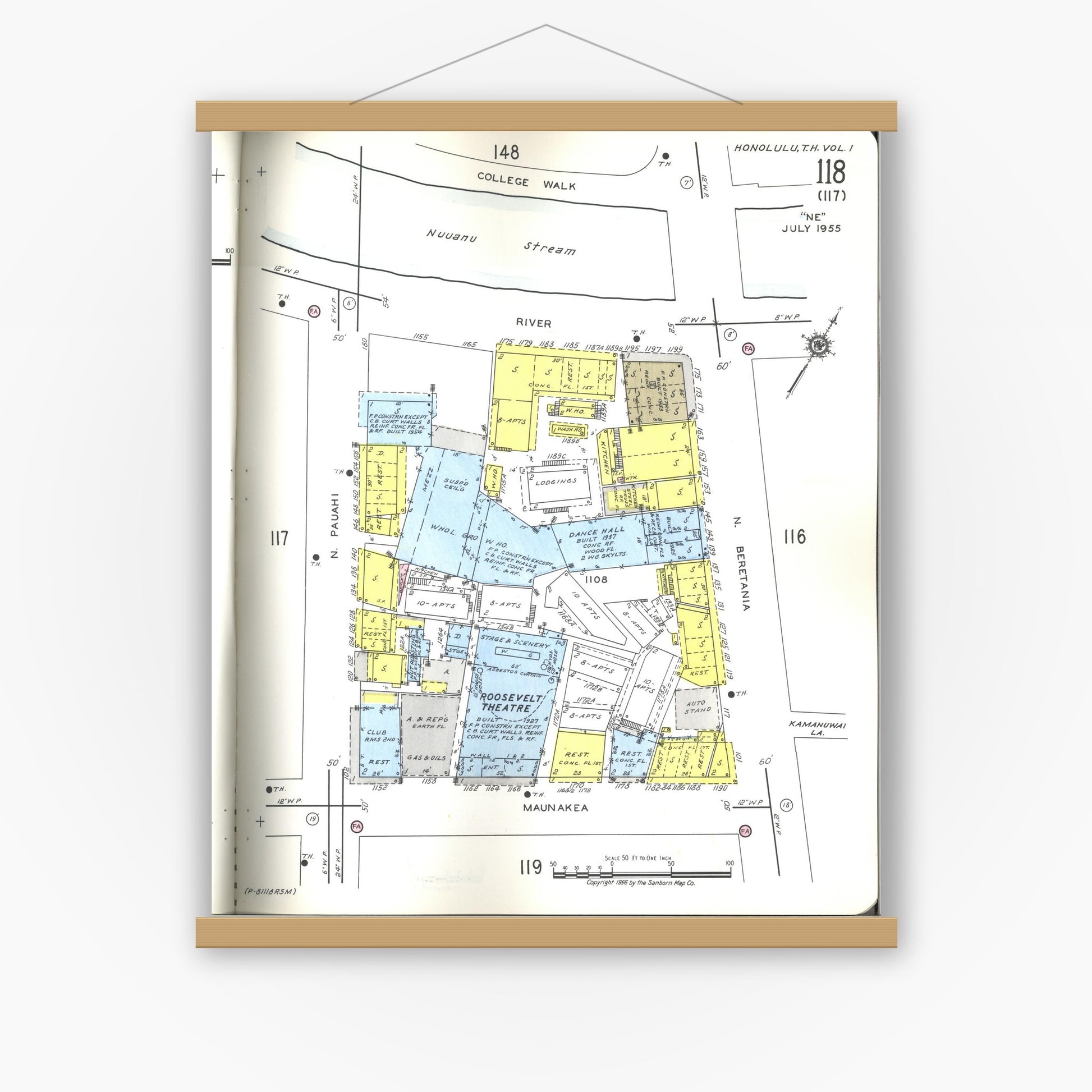 Old map wall art mockup — magnetic wood frame on white wall — Sanborn Fire Insurance Map from Honolulu, Oahu County, Hawaii (1955), Sheet #0118