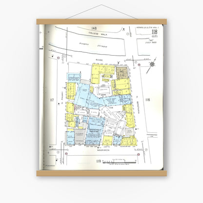 Old map wall art mockup — magnetic wood frame on white wall — Sanborn Fire Insurance Map from Honolulu, Oahu County, Hawaii (1955), Sheet #0118